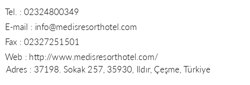 Medis Resort Hotel telefon numaralar, faks, e-mail, posta adresi ve iletiim bilgileri